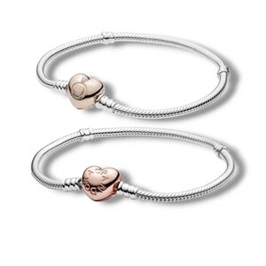 PANDORA Rose Gold Heart Clasp Sterling Silver Snake Chain Bracelet